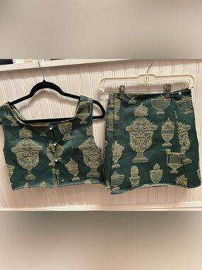 The Epoch 2 Piece Set Green Gold Jacquard Crop Top Mini Skirt Matching Small